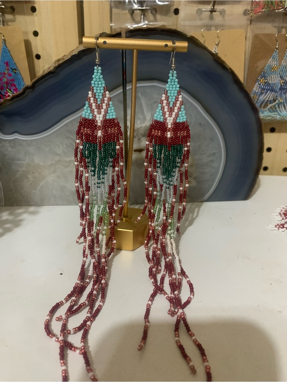 Handmade Long Beaded Fringe Earrings in Red, Turquoise, Green